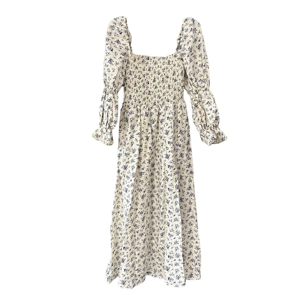 Reformation Marabella Linen Floral Midi Dress XS Blue Cream Smocked Puff Sleeve